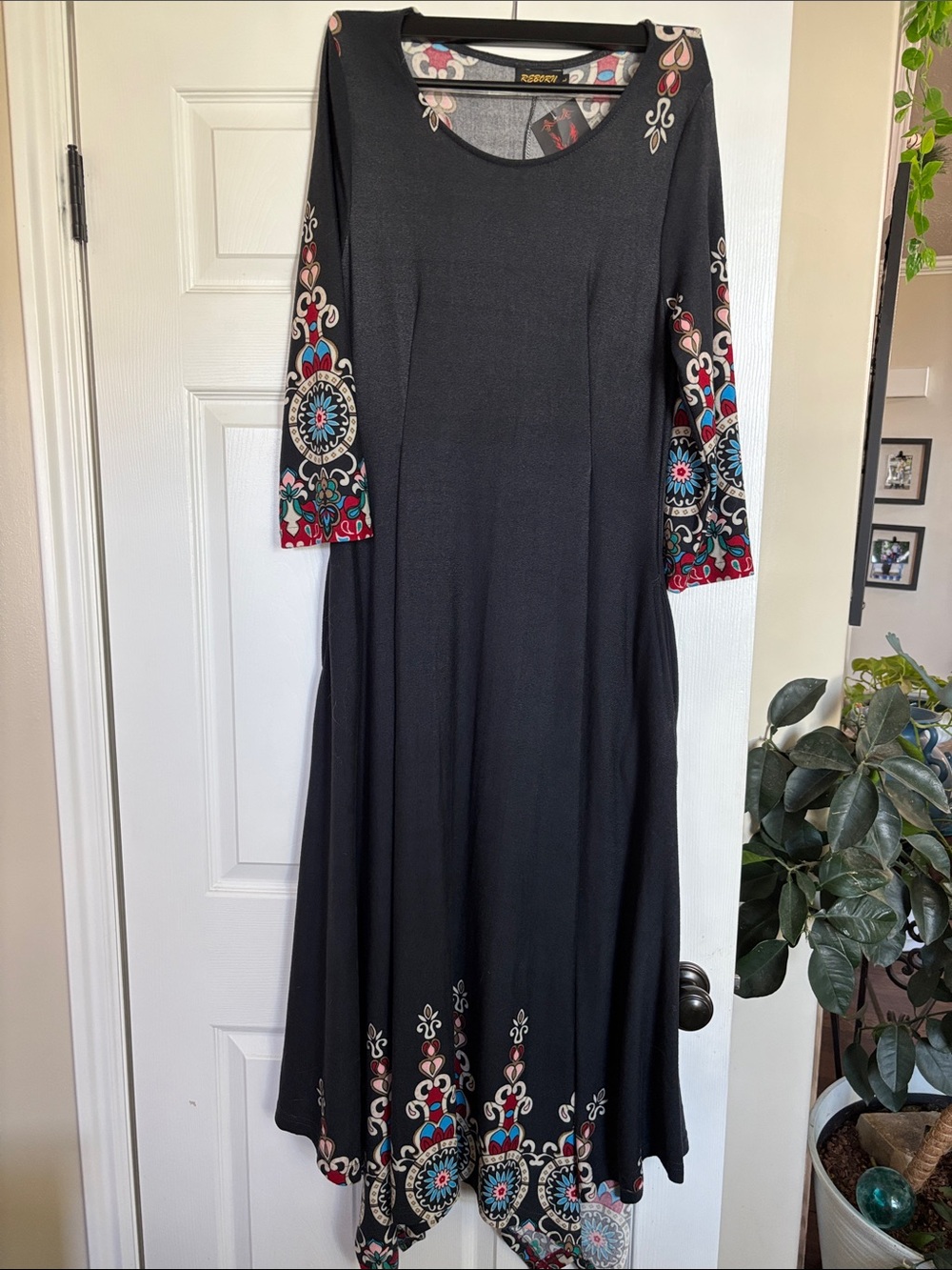Reborn Black Maxi Dress with Multicolor Floral Trim